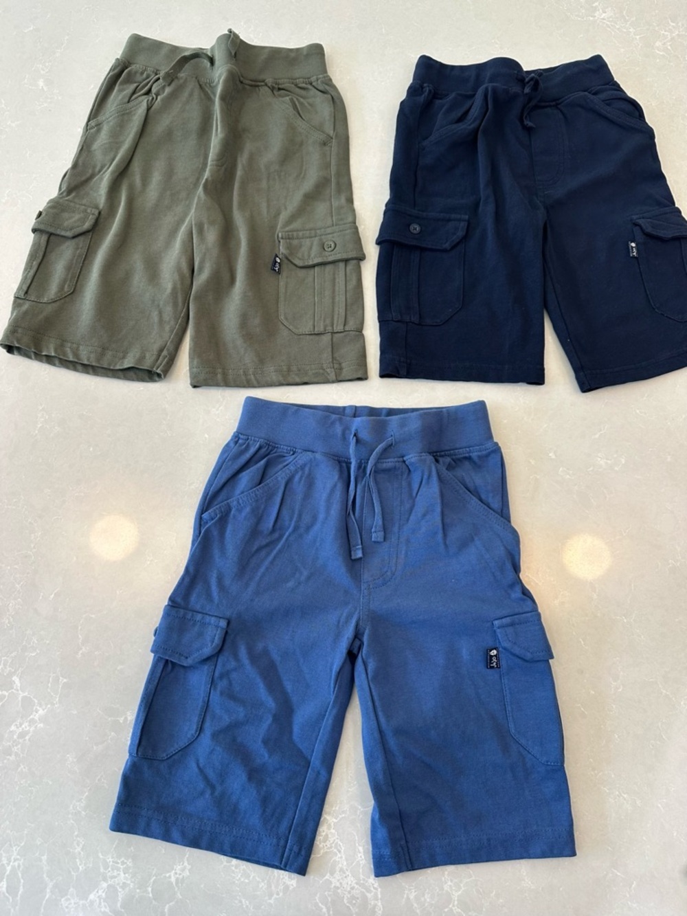 JoJo Maman Cargo Knit Shorts in Olive, Navy & Blue - Casual Drawstring, Size 4-5